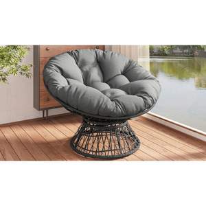 Silla Ergonómica de Mimbre de 41.5 Pulgadas con Cojín Redondo de Tela, Estructura de Hierro, Muebles de Jardín para Exteriores, Estilo de Diseño Contemporáneo - Product Image 3