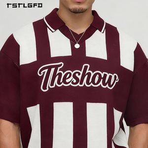 T-shirts en coton épais à rayures verticales personnalisables de qualité supérieure, col en V, manches courtes, couleur bordeaux - Product Image 2