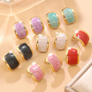 18K gold plated rectangular marbled enamel curved cuff studs for women