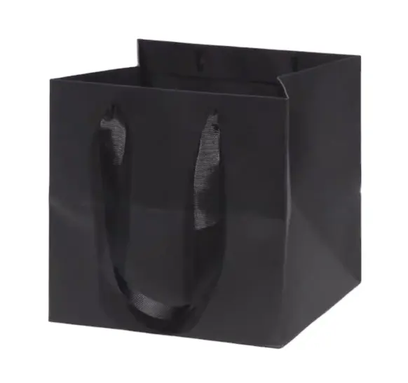 Sacola de papel para compras com alça de fita para flores personalizadas pretas quadradas