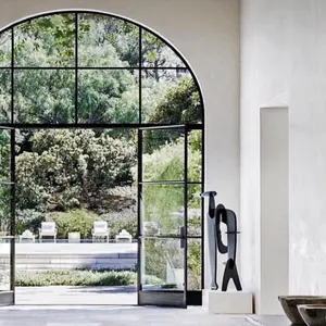 Living Room Soundproof Arch Glass Door Villa Decorative Double Floor-to-ceiling Glass Doors And Steel Windows Grille Design