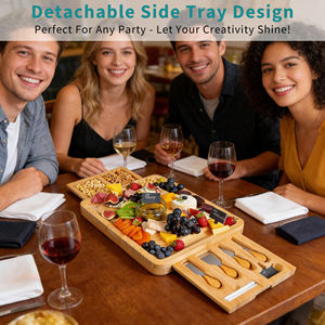 Изготовленный на заказ бамбуковый набор разделочной доски для сыра с 2 выдвижными ящиками для столовых приборов и набором ножей - Product Image 3