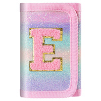 Dompet Lipat Tiga Anak A-Z dengan Glitter, Pelangi Gradasi, Patch Huruf Bulu, Dompet Koin untuk Siswi, Penutup Velcro, Hadiah