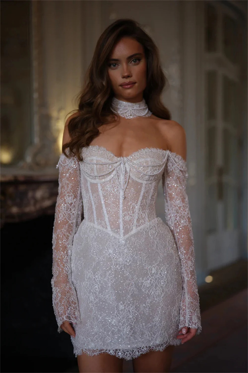 Wholesale off-shoulder wedding dress Modern tyle wedding dress a-line ilhouette dress lace decorated wedding dress natural waistline dress,1 Piece