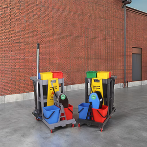 Chariot de nettoyage robuste à trois niveaux en plastique avec seau essoreur et roues, chariot de ménage pour tâches de nettoyage commerciales - Product Image 5