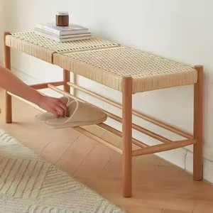 <b>Shoe</b> changing stool, solid wood woven rope, Nordic minimalist modern dining room bench, Japanese fitting room stool. - Product Image 1