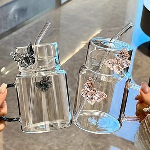 Ly nước thủy tinh cao cấp, thiết kế mới nhất, kiểu dáng thời trang, sang trọng, chất liệu thủy tinh borosilicate cao cấp, sáng tạo, dùng được cho nước lạnh, kèm ống hút và nắp đậy. - Product Image 3