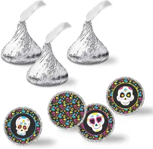 Sugar Skull Day of The Dead Halloween Party Kiss Sticker Labels Party Circle Sticker for Chocolate Drop Kisses