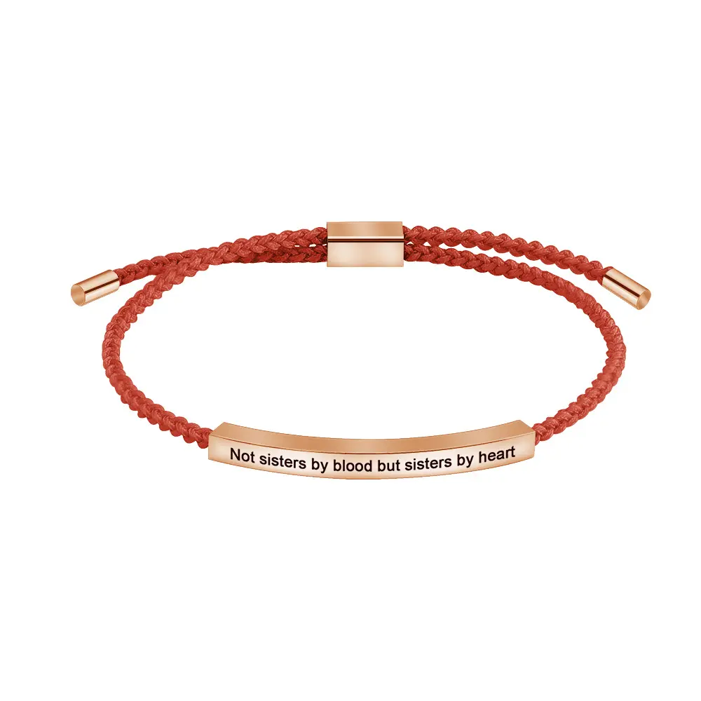Custom Personalize Men Stainless Steel Gold Bar Red String Braided Woven Engraved Adjustable Handmade Rope Bracelet
