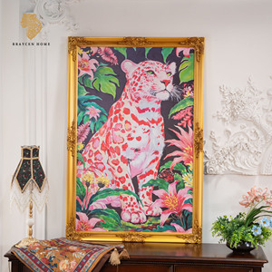 Dipinto a Olio su Tela Fatto a Mano 80*120cm, <span class=keywords><strong>Leopardo</strong></span> Rosa con Cornice in Legno Massiccio, Arte Murale Tropicale per Camera da Letto e Decorazione Alberghiera - Product Image 1