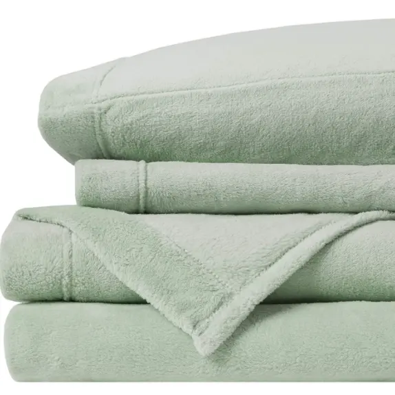 Green Extra Soft Velvet Plush Fleece 4 pieces flat Sheet Set with 14" Deep Pockets flat sheet fitted sheet pillowcase for home