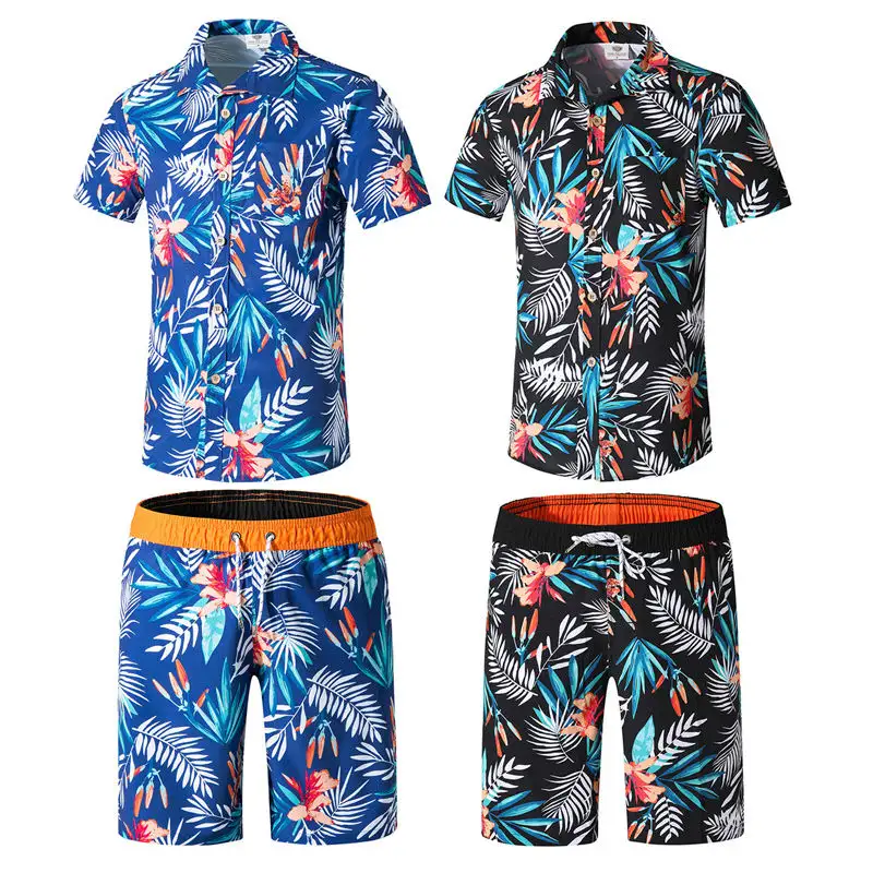 Sublimation Print Mens Beach Wear Set Quick Dry Satin Polyester Button Down Collar Short Sleeves Men's Hawaiian Shirt And Shorts