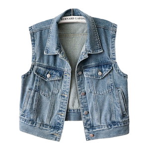 Chaleco vaquero de mujer con cuello en V, sin mangas, de un solo botón, estilo vintage, a la moda, nuevo para verano, con efecto desgastado, venta al por mayor para boutiques. - Product Image 2