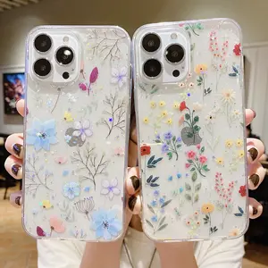 Étui pour iPhone avec imprimé floral mignon, étui de protection fin en TPU transparent avec paillettes époxy pour iPhone <span class=keywords><strong>13</strong></span> Pro Max 14 12 - Product Image 1