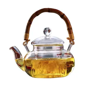 带过滤器和竹柄的透明玻璃茶壶/咖啡壶，600毫升