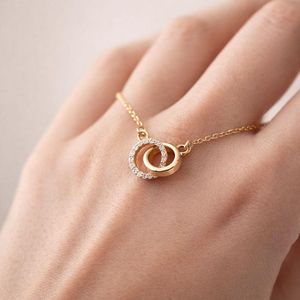 Stylish Double <b>Ring</b> Gold Plated Diamond Link Chain Pendant <b>Necklace</b> Luxury Minimalist Design for Wedding Engagement Party Gift - Product Image 2