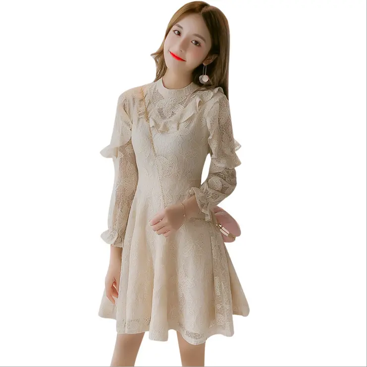 2021 Women's New Lady Temperament Hollow Lace Dress Collect waist Loose Dress Casual Long Sleeve Mesh skirt Chic
