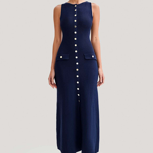 2024 été nouveau Style à la mode <span class=keywords><strong>sans</strong></span> manches simple boutonnage taille haute minceur longue robe pour femmes tricoté robe <span class=keywords><strong>pull</strong></span> - Product Image 1