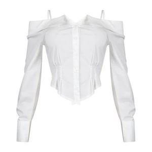 Fabricants de vêtements – Nouveauté mode printemps-automne – Blouse décontractée blanche à manches longues et épaules dénudées avec boutons pour femme - Product Image 3