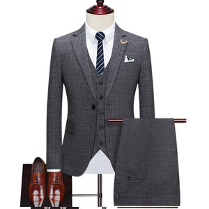 Costume <span class=keywords><strong>3</strong></span> pièces à carreaux pour <span class=keywords><strong>homme</strong></span> <span class=keywords><strong>Manteau</strong></span> de bureau et de mariage respirant et imperméable à l'avant plissé - Product Image 2