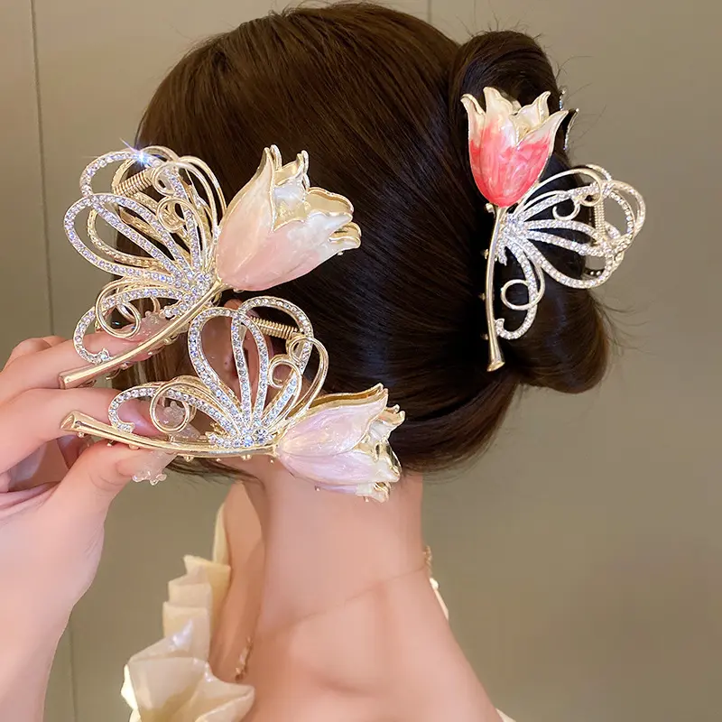 Diamant Vlinder Vleugel Bloem Haarclip Voor Vrouwen Grote Vlinder Tulp Bloem Strass Haarhaai Clip Holding Haarklauw