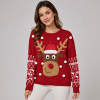 Pull en tricot pour femme FNJIA, col rond, motif renne de Noël, pompon, flocon de neige, jacquard, pull de Noël, pull en tricot pour femme