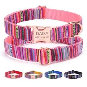 Collier pour chien avec boucle en métal rose doré, logo personnalisé, rubans en tissu bohème, laisse pour animaux de compagnie en nylon et polyester durable pour chiens et chats - Product Image 5