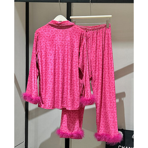 Set Loungewear in Velluto con Decorazioni in Piume e Stampa Leopardata, <span class=keywords><strong>Pigiama</strong></span> di Lusso a Maniche Lunghe per <span class=keywords><strong>Donna</strong></span>, Autunno Inverno - Product Image 6