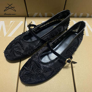 ZAR * женская обувь 2025 белая черная вышитая бисером Цветочная сетчатая женская обувь на плоской подошве с круглым носком - Product Image 3