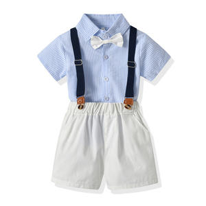 2025 verano Pastoral Casual manga corta conjunto de ropa para niños <span class=keywords><strong>camisa</strong></span> a rayas <span class=keywords><strong>tirantes</strong></span> pantalones cortos vestido de graduación Dropshipping - Product Image 2