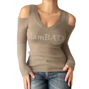 New chinese supplier off-the-shoulder rhinestone knitted T-shirt women casual all-match hot girl basic top