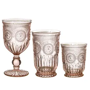 custom Mexican vintage Sun Flower Drinking Glass cup Embossed pink colored Wine goblet Glasses Set