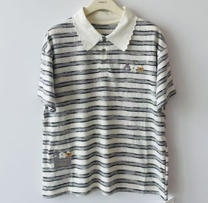 <span class=keywords><strong>Polo</strong></span> blanc pour <span class=keywords><strong>femme</strong></span> avec col à carreaux, broderie ours et imprimé lettres, haut à manches courtes - Product Image 6