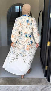 Elegante Vestido Abaya de Poliéster con Estampado Floral y Cinturón para Mujeres Musulmanas, Manga Larga, Primavera/Otoño, Boda, Uso Diario, Moda Islámica Modesta - Product Image 6