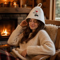 Chapeau de sauna unisexe en feutre de laine brodé blanc, réutilisable, avec inscription « I Love Banya », cœur rouge et brindille, protection thermique