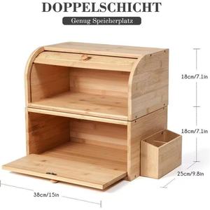 Wooden Bread Box 38x25x36cm Double Layer Storage <b>Kitchen</b> Food Container - Product Image 1