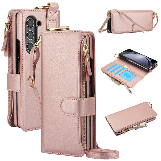 Multi-Function Leather Zipper Wallet Purse Case for Samung Z Fold 7 5G RFID Blocking Z Fold 3 4 5 6 Crossbody Girl Phone Cover