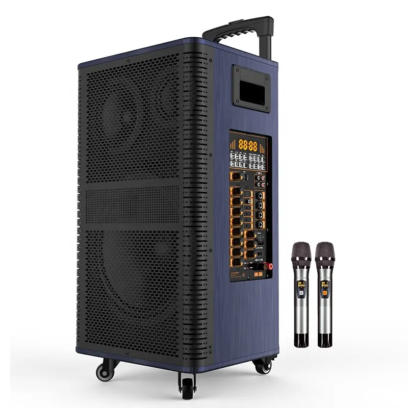 Big Bass Sound 300W 15inch Wooden Trolley Speaker With Two wireless Microphone Party Speaker With BT/USB/TF/TWS/DSP/MIC/LIVE