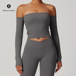 Trendy Yoga Wear Supplier Strapless Long Sleeve Top Cross Over Waist Pants Two Set Fitness Yoga Wear Suit Clothes for Women