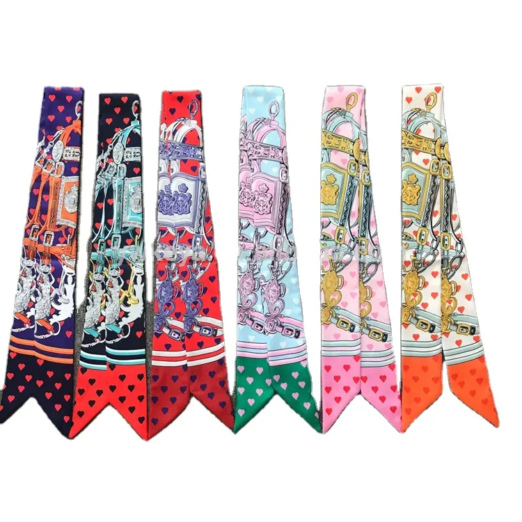 Spring Ribbon Twosided Printing chain heart Tie Bag Handle Decorate twill silk scarf
