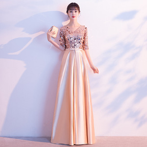 Women's Long Evening Gown V-Neck A-Line <b>Sequined</b> Ballroom Dress For Choir Hosts Gold Champagne Color - Product Image 2