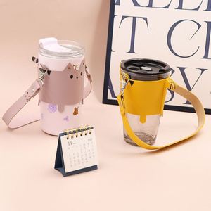 ปลอกหุ้มแก้วกาแฟหนัง PU แบบใช้ซ้ำได้ ที่ใส่แก้วน้ำลายแมวน่ารัก พร้อมสายสะพาย - Product Image 6