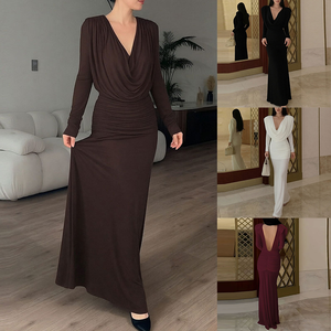 Abito da Sera su Misura a Maniche Lunghe <span class=keywords><strong>con</strong></span> Scollo a V, Aderente, Tinta Unita, <span class=keywords><strong>con</strong></span> Cintura in Vita e Pieghe a Coda di Pesce per Donna, Autunno Inverno - Product Image 2