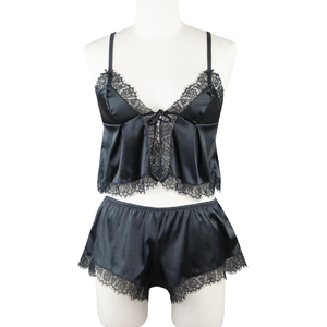 Customized Factory Wholesale Satin Lace Pajamas Set for Women Nightwear Lingerie Set Adjustable Straps Sexy Camisole Set
