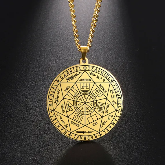 Collier Pentacle avec amulette, pendentif des 7 archangle en acier inoxydable, bijou à breloques du signe archange