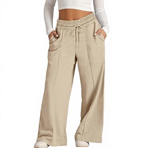 Pantalones de chándal de pierna ancha para mujer, de cintura alta, con cordón elástico, ajuste holgado informal, de longitud completa, de color liso, de punto, con bolsillos - Product Image 3