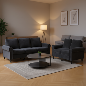 Juego de Sofás de Terciopelo Gris Oscuro, 100% Poliéster, Estilo Chesterfield para Sala de Estar, Patas de Metal, Respaldo Acolchado - Product Image 2