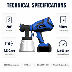 <span class=keywords><strong>Pistola</strong></span> a Spruzzo per Vernice Senza Fili HERZO, Alimentata a Batteria, Alta Pressione 20V, Airless con Serbatoio da 800mL e Ugello da 1,8mm - Product Image 5