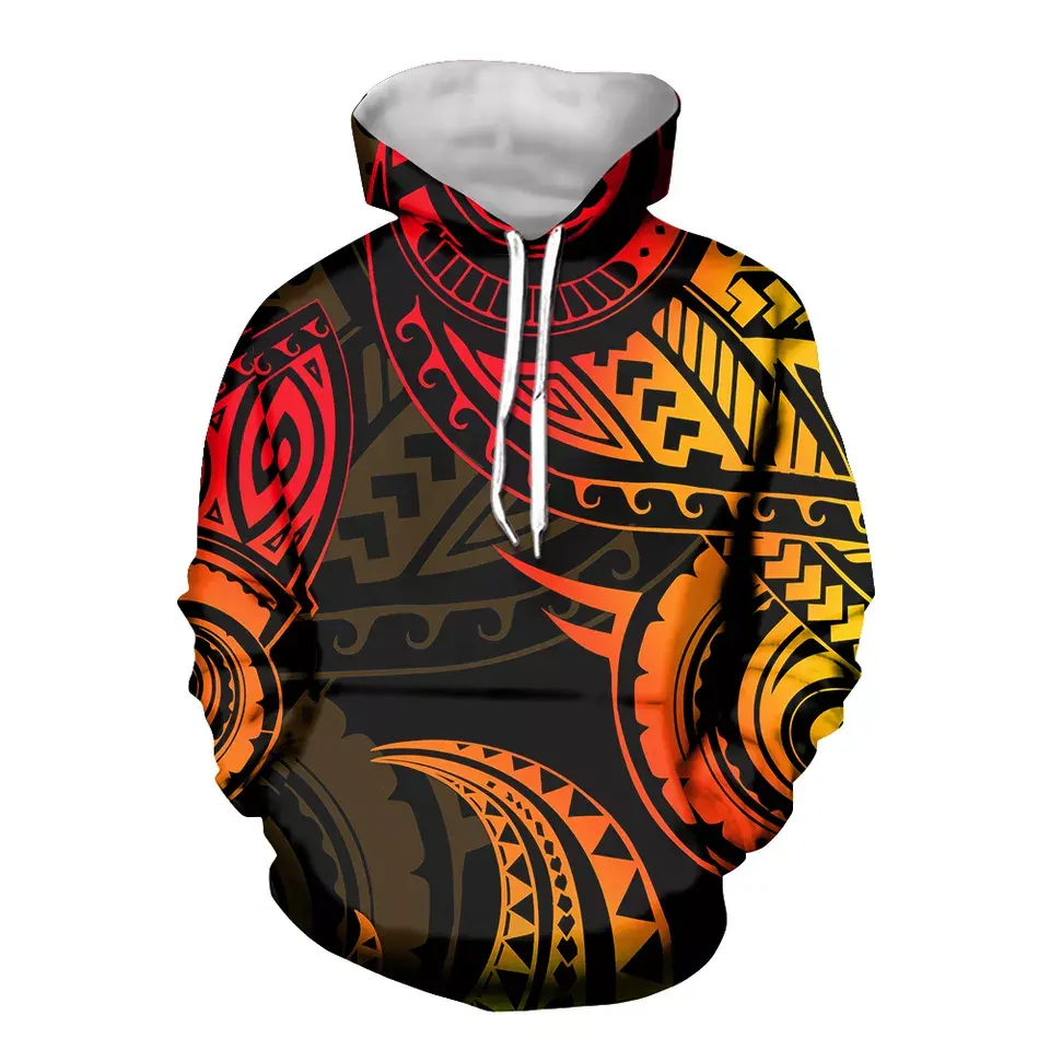 Custom Tonga All Over Print Winter Hoodies Men Polynesian Tattoo Print Hooded Pocket Sweatshirt Long Sleeve Drawstring Hoodies