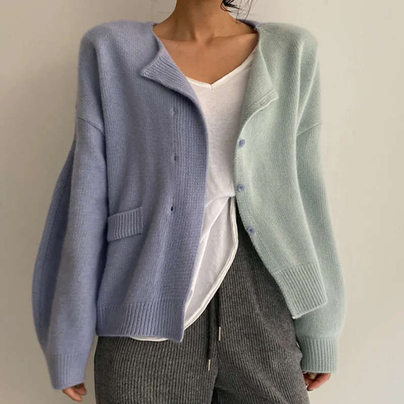 Vente en gros 2024 Automne Simple et Polyvalent Col Rond Couleur Blocage Conception Lâche À Manches Longues Cardigan Pull Femme